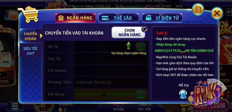 Nạp rút nhanh chóng khi chơi Play Rikvip bet