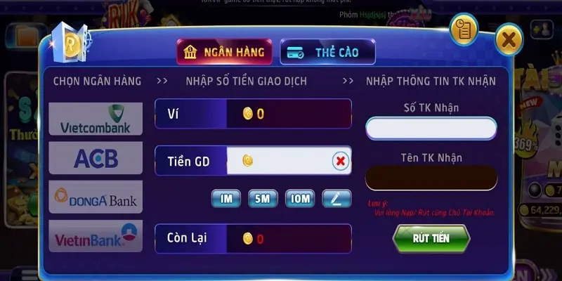 Chọn phương thức bạn muốn rút tiền từ Rikvip